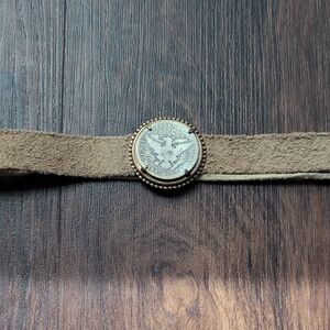 Source Unknown Tan Leather Choker with Silver Coin